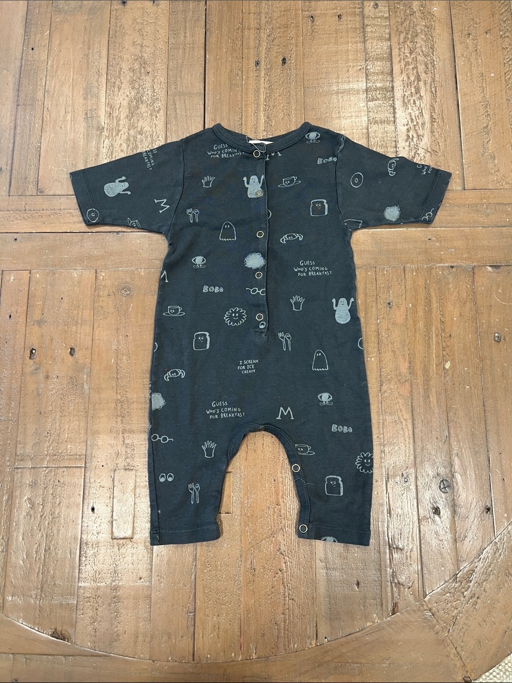 BOBO choses Guess Who's Coming For Breakfast short sleeve Romper 6-12 months